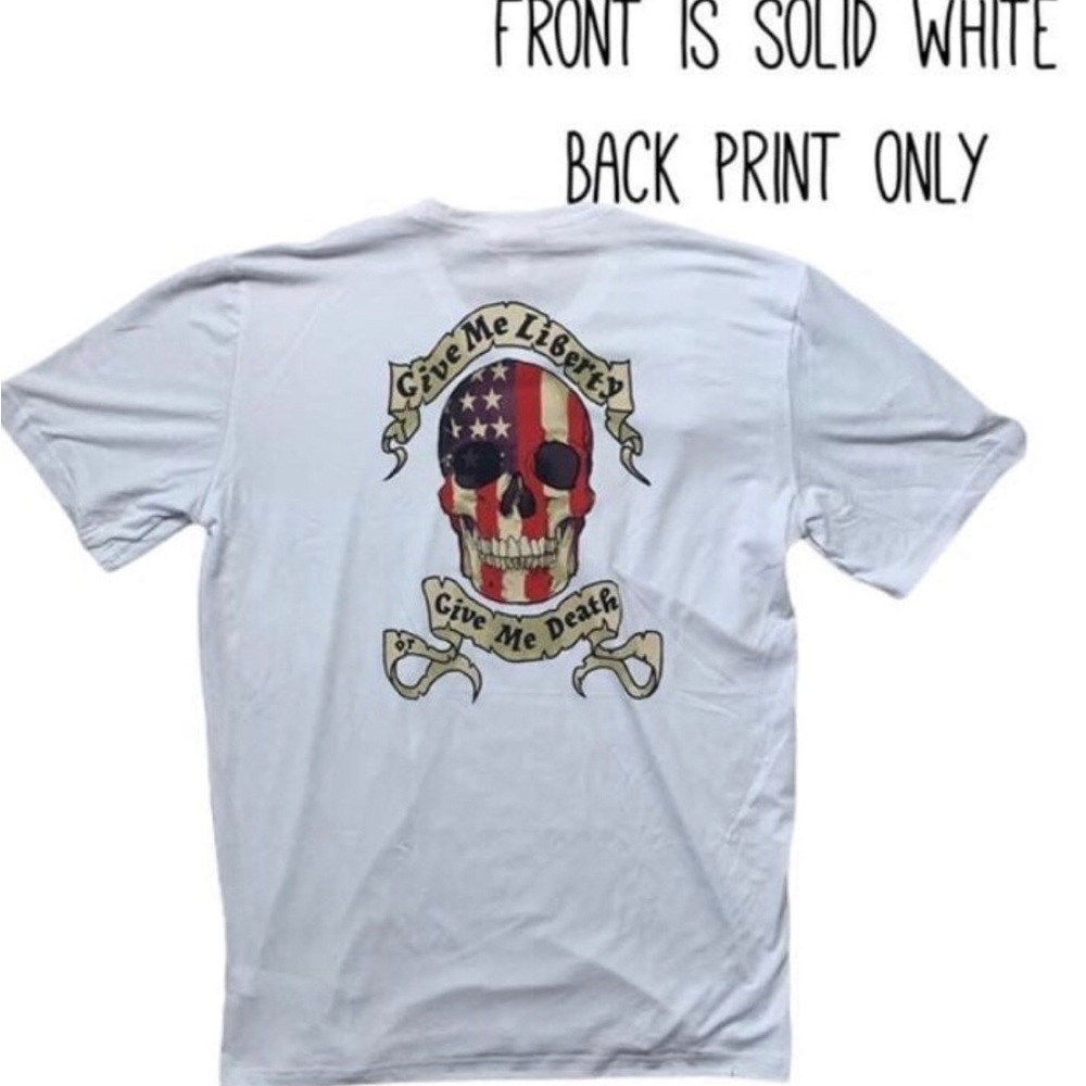 Lularoe Devin Shirt SKULL “Give Me Liberty or GIVE ME DEATH”